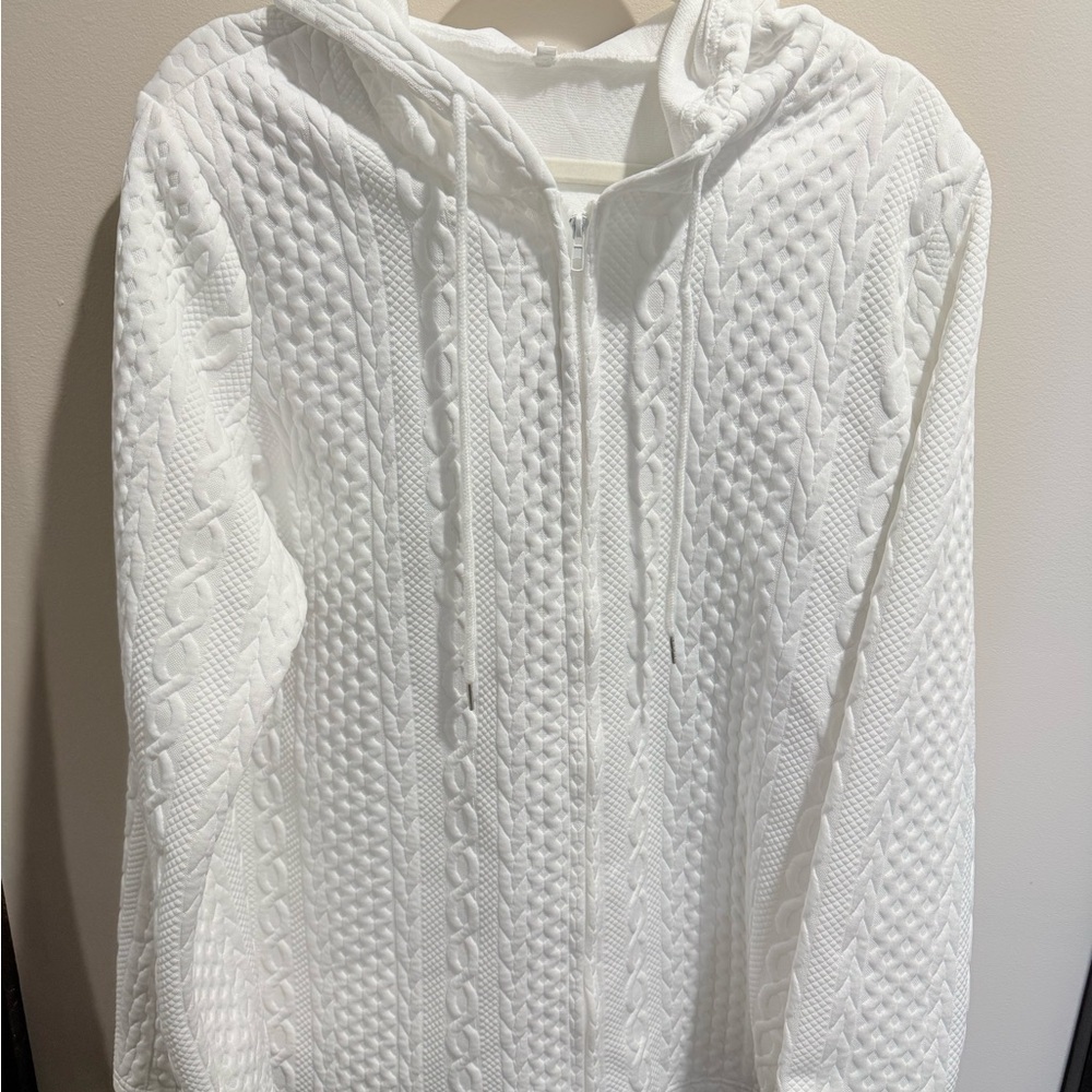 Textured White Cable Knit Zip Hoodie XL